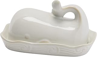 Creative Co-Op Coastal Stoneware Whale Shaped Butter Dish, White