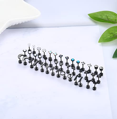 Lolias 21Pairs Flat Back Earrings For Women 20G Tiny Cartilage Earrings Stud Earrings For Cartilage Tragus Daith Helix Ear Piercing Comfortable Screw Back Earrings Pack,Blace #TOP5