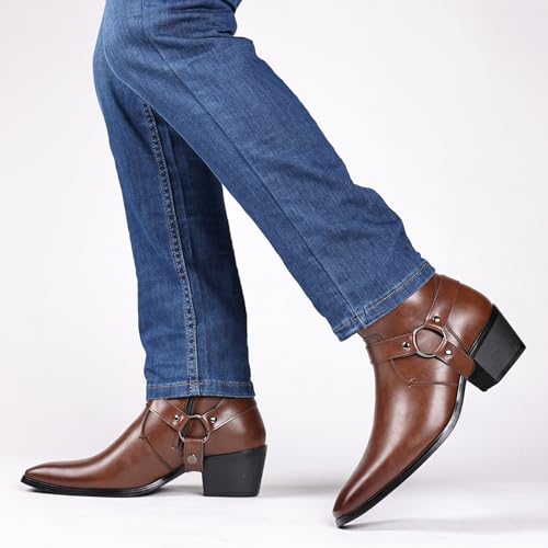 Men's Leather Chunky Heel Dress Chelsea Boots with Belt Buckle Fashion Classic Cap Toe Side Zipper Block High Heels High Top Formal Oxford Shoes Casual Business Chukka Booties (Brown,10) by GLBDU - Used condition - Image 5