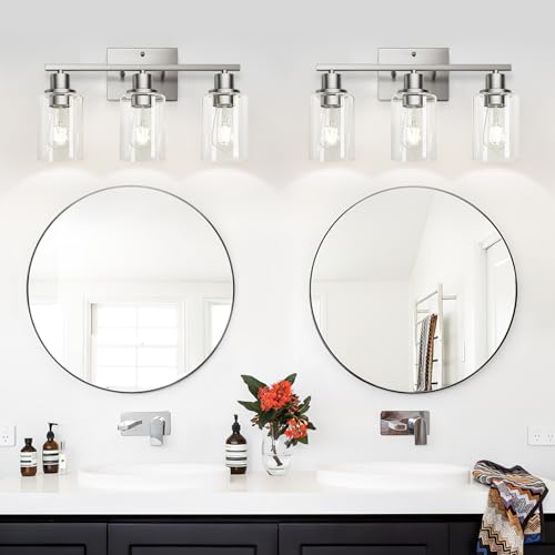 Image of MOKATNG 3-Light Bathroom Light Fixtures, Vanity Light with Clear Glass Shades, Brushed Nickel Bathroom Light Fixtures Over Mirror, Modern Bathroom Wall Lamp for Mirror Living Room Cabinet Bedroom