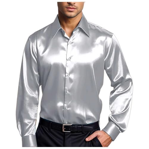 Generisch Herren Hemd Satin Nachtclub Langarmhemd Tanzparty Vintage Freizeithemd Bequem Glänzend Ideal Für Abendevents Besondere Anlässe Männer Prämie Herrenhemden (Grey, L)