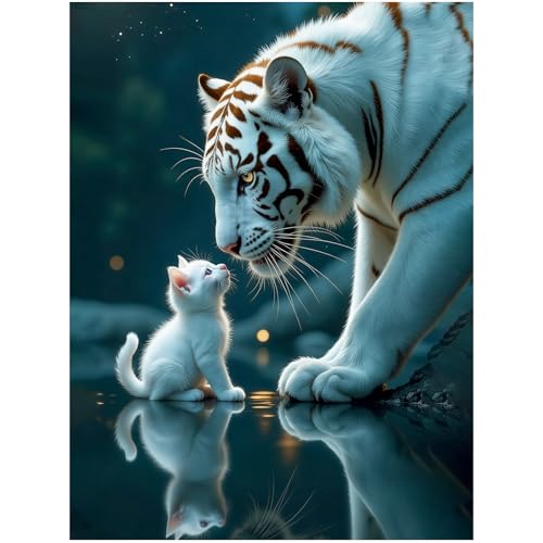 DIYDECORFUN Tiger and Cat Diamond Art Kits for Adults, 5D Cute Animal Diamond Painting for Beginners, DIY Full Round Drill Funny Diamond Dots Gem Art Crafts for Home Wall Decor Gift 12x16 Inch