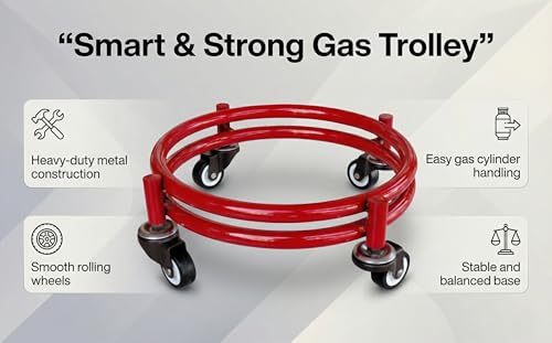 Image of Rincy Heavy-Duty Gas Cylinder Trolley with Double Pipe Frame and Smooth Rolling Wheels New Red Colour Heavy Stainless Steel LPG Gas Cylinder Trolley - Red 4-Wheel Gas Stand for Home and Kitchen