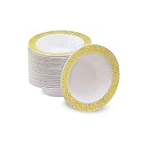Yumchikel Plastic Dessert Bowls, Set of 50, 6 oz Disposable Bowls with Gold Lace Trim China Look, Pr
