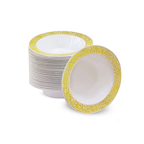 Yumchikel Plastic Dessert Bowls, Set Of 50, 6 Oz Disposable Bowls With Gold Lace Trim China Look, Premium Heavy Duty Plastic Bowls For Wedding, Gold Bowls Plastic For Wedding, Engagement #TOP25