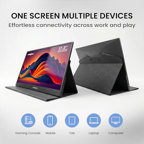 Image of FRONTECH 17.3 inch Portable LED Monitor | Full HD 1920x1080 IPS Display | 60Hz Refresh Rate | Mini HDMI & Dual Type-C Ports | Built-in Speaker | Kickstand Cover | External Laptop Monitor (MON-0084)