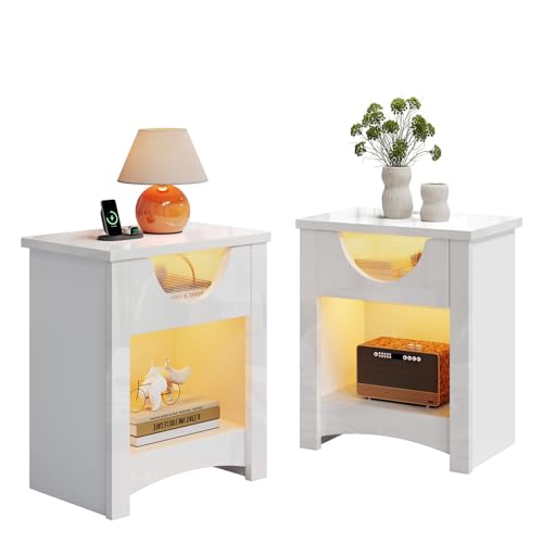 Bestier Mesita de Noche con luz LED y Puerto USB Tipo C, Moderna, con acrílico translúcido Acanalado, un cajón de Madera y un Compartimento Abierto. Ideal para Dormitorio (2 Unidad)