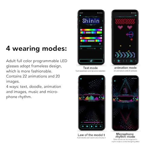 Garsent Occhiali Intelligenti LED Occhiali Luminosi a Colori, Controllo Connesso Tramite App Bluetooth, Fai Te/Testo/Graffiti/Animazione/modalità Ritmo, per Adulti, Concerti,