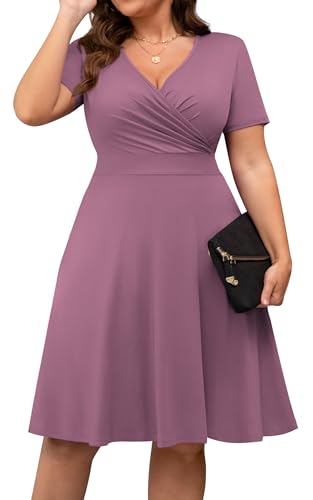 Image of POSESHE Womens Plus Size Dresses Summer Short Sleeve Wrap V-Neck Sundress Casual Wedding Guest Cocktail Dress with Pockets