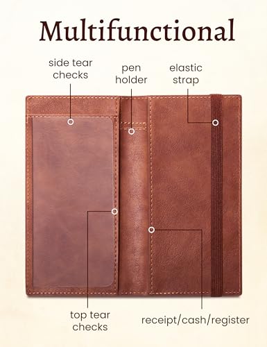 Image of Yarnic Checkbook Cover for Personal Checkbook Holder | Check Book Covers with Pen Holder & Built-in Clear Plastic Divider for Duplicate Checks (Dark Brown)