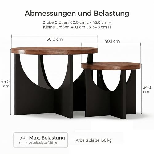 IRONCK Nesting Coffee Table Set of 2, Round Side Tables for Living Area, Compact Wooden End Table for Lounge, Bedroom, Walnut - Image 2