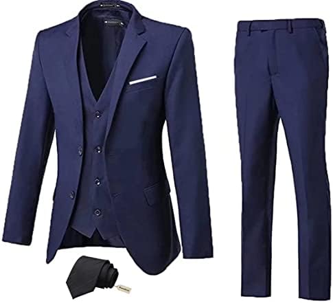 High-End Suits 3 Pieces Men Suit Set Slim Fit Groomsmen/Prom Suit for Men Two Buttons Business Casual Suit, Navy, Chest36''/Waist30''