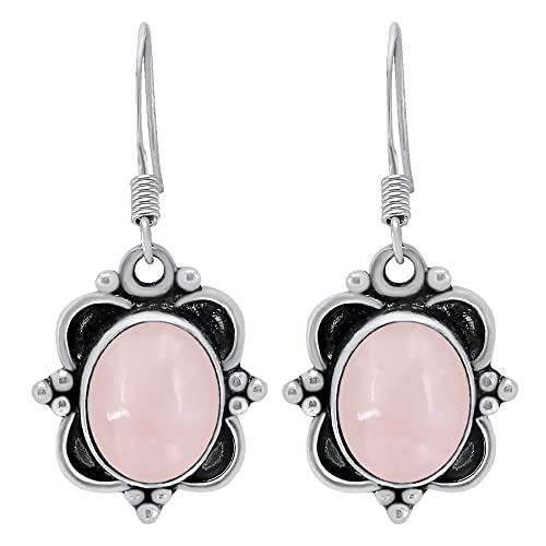 Image of Natural Rose Quartz Earrings for Women – Pink Stone January Birthstone Handmade Dangle & Drop Earrings – Vintage Style Statement Fashion Jewelry – Christmas Wedding Gift for Her