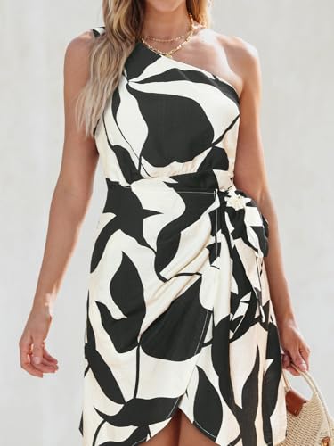 Image of CUPSHE Women's One Shoulder Leaf Print Self-tie Short Dress Sleeveless Tiered Hem Formal Dress Casual Mini Dress