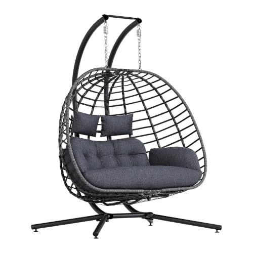 ANYSON Double Egg Swing Chair with Stand 650lbs 2-Person Hanging w/Shock-Absorbing Spring & Anti-Slip Wide Base Indoor/Outdoor Wicker Swing with Lumbar & Neck Pillows (Dark Grey)