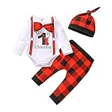 weihnachtsoutfit baby junge Mädchen Kleidung Sommer Kleinkind-Säuglings-Baby-Jungen-Weihnachtsbuchstaben-Plaid-Drucke mit langen Ärmeln, weicher Strampler, Hose, Hut, 3-teiliges Outfit-Set Baby H