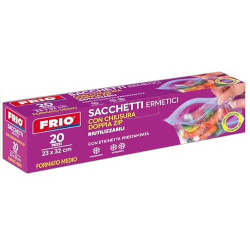 FRIO – 20 Sac Congélation ZIP 4L (taille M - 23x32 cm) Réutilisables et Hermétiques avec double ZIP, Sachets Plastiques Transparents pour Congélateur et Conservation des Aliments, Avec Étiquette