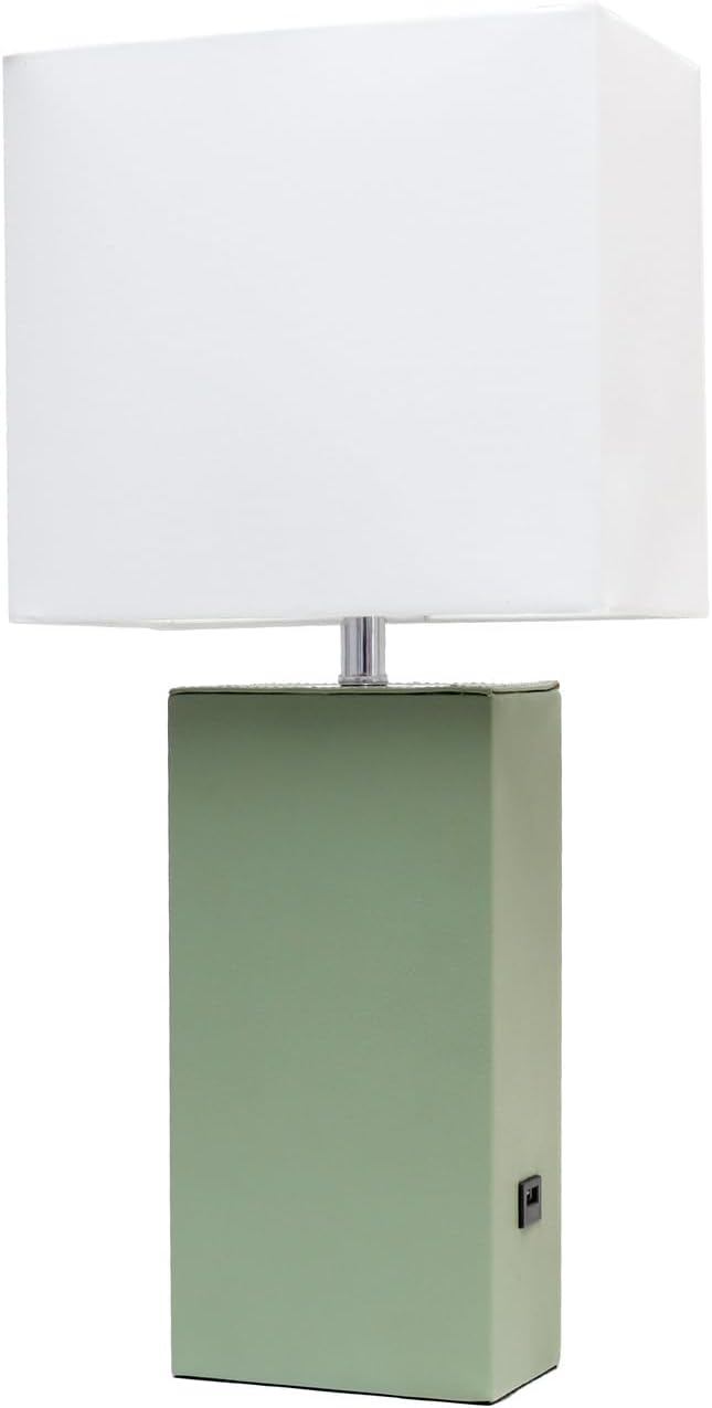 Elegant Designs Elegant Designs LT1053-SGE Modern Leather Table Lamp with USB and White Fabric Shade, Sage Green (Pack of 1)