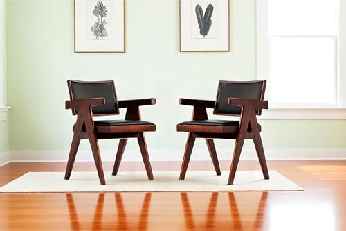 Image of Furniture Solid Sheesham Wooden Arm Chair with Cushion and Cane Back Support Chair Living Room Bedroom Home Wooden Armchair Furniture Garden Balcony Outdoor & Indoor (Black seat Set Off 2)