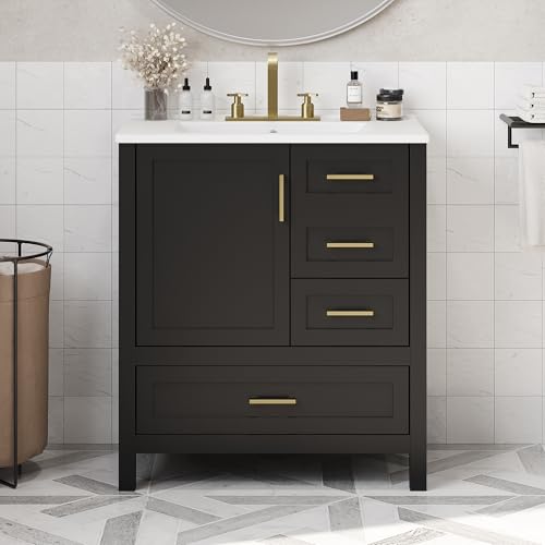 HiHomely 30 Inches Black Bathroom Vanity with Sink Combo Set, Solid Wood Frame, 3 Drawers & Soft-Close Door, Removable Tray – Modern Storage Cabinet for Bathrooms (3 Drawers + 1 Doors)
