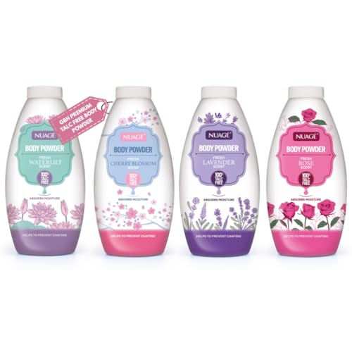 New Nuage Talc Free Body Powder 250g x 4 Pack – Fresh Lavender, Rose, Water Lily & Cherry Blossom – Moisture-Absorbing Talc Free Powder for Women & Men by GBH