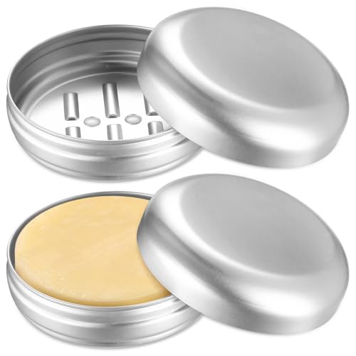 Tenbrachian 2 Piezas Jabonera de Viaje, 100ml Jabonera de Aluminio, Caja de Jabón de Viaje, Jaboneras para Pastillas de Jabon con Rejilla de Goteo, Caja Metalica para Casa Ducha Baño Camping(Redonda)
