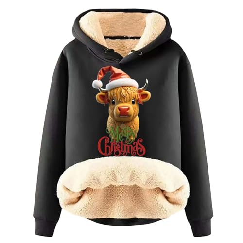 Sudaderas con capucha para mujer, con estampado de vaca de Navidad, de manga larga, de sherpa, para invierno, cómoda, informal, para descansar, 02#_negro, XXL