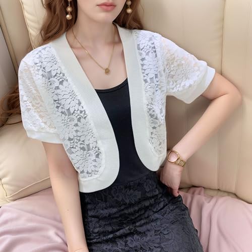 FindThy Women’s Cropped Bolero Shrugs Short Sleeve Open Front Floral Lace Hollow Out Cardigan Jacket3