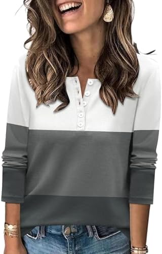 LUYAA Womens Long Sleeve V Neck Warm Henley Shirts Color Block Pr...