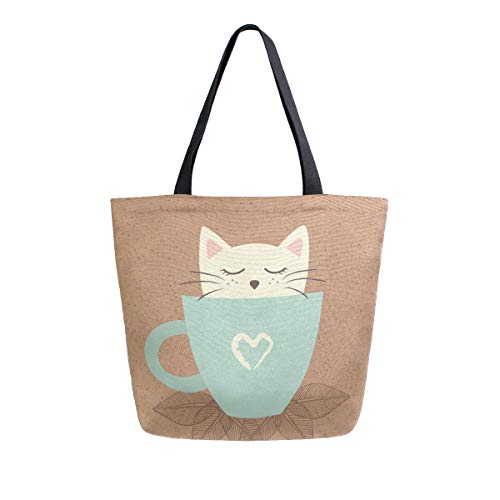 ALAZA Large Canvas Tote Bag Hello Fall Cute Cat Coffee Brown Shopping Shoulder Handbag with Small Zippered Pocket2
