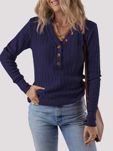 Image of MEROKEETY Women's 2025 Long Sleeve V Neck Ribbed Button Knit Sweater Solid Color Tops