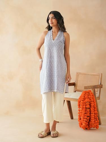Image of GOODHAND Chic Cotton Halter Kurti with Timeless Block printsPerfect for Casual outings or Festive Flair-Where Traditional Charm Meets Modern Silhouette
