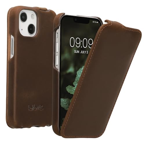 Image of kalibri Flip Case Compatible with Apple iPhone 13 mini - Ultra Slim Leather Protective Phone Cover - Brown