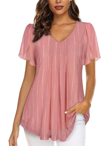 Tops for Women UK Ladies Chiffon Blouse and Shirt Ruffle Short Sleeve Summer Top Flowy Blouses for Women UK Elegant Short Sleeve Tunic Tops for Women Ladies Dressy Top Floaty Tops Pink