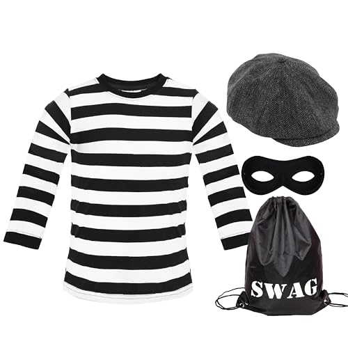 Disfraz ladrón para adultos – camiseta a rayas en blanco y negro + tapa plana + máscara + bolsa con cordón – perfecto para el día mundial del libro para hombres y mujeres (Mediano)