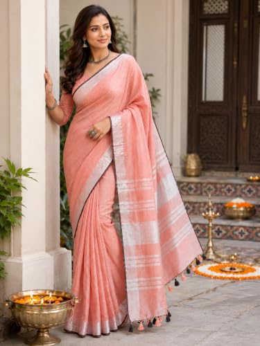 Image of HAIDER ALI AND SONS Grey Cotton Linen Saree for Women | Soft Linen Slub Blend Saree with Running Blouse Piece | Lightweight Handloom Style Saree | Office, Casual, Party & Festival Wear