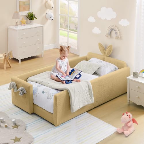 Image of Twin Size Kids Bed with Rabbit Ear Headboard, Upholstered Boucle Fabric Twin Daybed with Slats Support & Side Pockets, Space-Saving Wooden Corner Sofa Couch Bed Frame for Girls, Boys, Teenager(Yellow)
