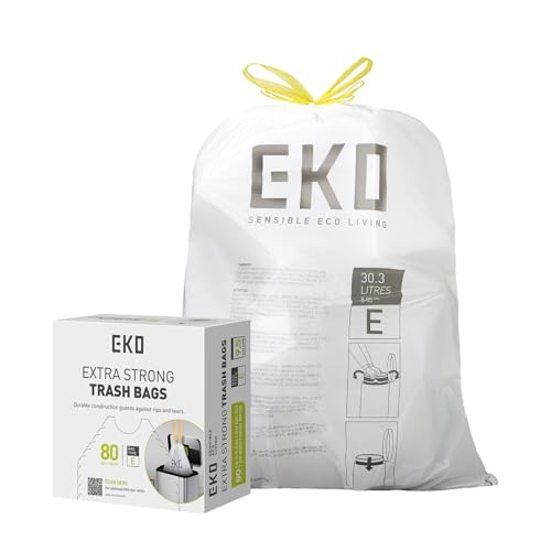 Image of EKO Easy-Dispense Roll 80 Count Extra-Strong Drawstring Tall Kitchen Trash Bag, 8-9.5 Gallon Trash Bag (30.3L-36L) 1 Pack White, Code E