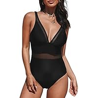 CUPSHE Traje de baño de una pieza con cuello en V de malla transparente modesto largo torso traje de baño con correas anchas ajustables, Negro, Medium