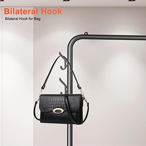 Clothing Garment Rack Heavy Duty Clothes Rail for Bedroom, Freestanding Metal Coat Stand Rack with 6 Side Hooks, Two Shelves Clothing Rack for Clothes Hats Bags (Black)