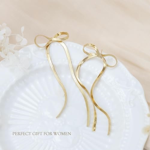 BAYLAY Bow Earrings for Women, 18K Gold Plated Bow Dangle Earrings Dangling Dangly Gold Earrings for Women Trendy for Wedding Prom Aretes para Mujer Gold Jewelry Gifts for Woman - Image 6