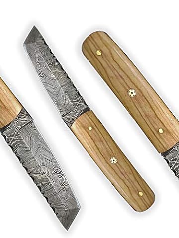 DELLINGER Mini Tanto nóż ze stali damasceńskiej, nóż ze stali damasceńskiej, nóż do użytku na świeżym powietrzu, nóż ze stali damasceńskiej, ostrze 75 mm, łącznie ze skórzaną pochwą