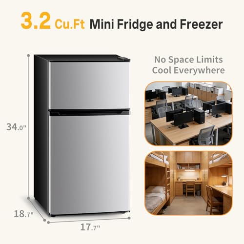 Image of NEWBULIG Mini Fridge with Freezer 3.2 Cu.Ft Small Refrigerator for Office, Dorm, Small Fridge with Adjustable Thermostat, Energy Saving, Dual Door, Sliver