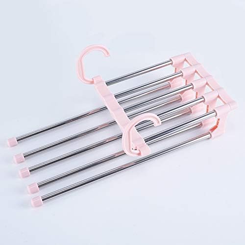 5 in 1 Multifunction Pant Rack Hnager Stainless Steel Wardrobe Adjustable Magic Trouser Hangers Towel Shelves Closet Organizer (Pink)