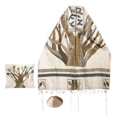 Yair Emanuel Tallit Prayer Shawl Gadol + Bag + Kippah + Atara Set Embroidered RAW Silk Tree of Life -34 (Bundle)
