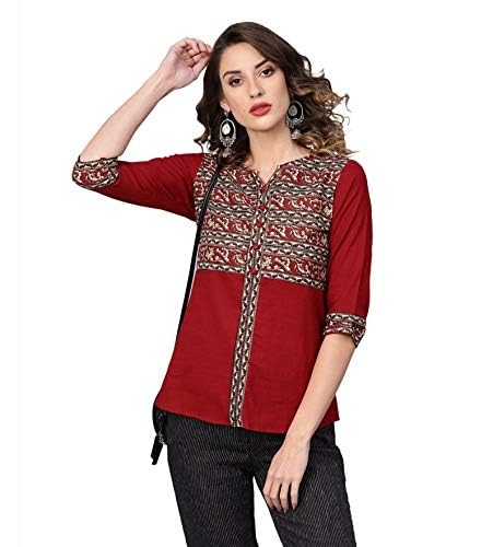 Women's Cotton Slub Kalmakari Straight V-Neck 3/4 Sleeve Shirt Style Top-image-25