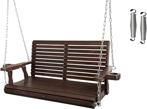 Wooden Porch Swing 2-Seater, Bench Swing with Cupholders, Hanging Chains and 7mm Springs, Heavy Duty 880 LBS, for Outdoor Patio Garden (Deep Brown, 4 FT Extra Large)