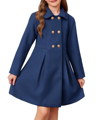 Image of GRACE KARIN Girls Dress Coat Wool Peacoat with Lapel Pockets Winter Warm Long Jacket for Kids Navy Blue Size 10
