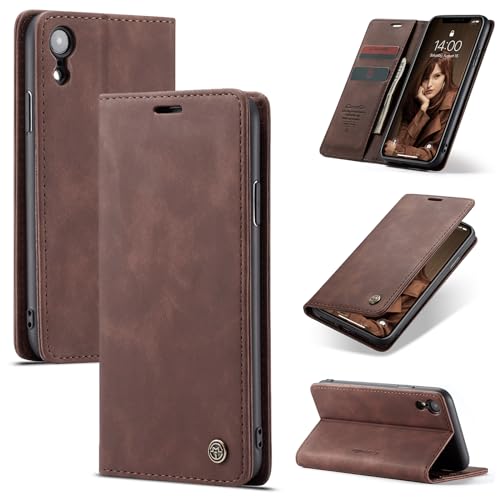 Cracedily for iPhone XR 6.1-Inch Case, Flip Wallet Leather Case with Card Holder Magnetic Closure Shockproof Kickstand Protective Phone Cases Cover for iPhone XR, Coffee