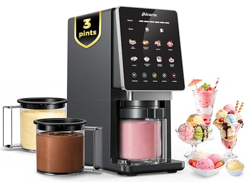 Alcarin Electric Ice Cream Maker Machine for Homemade, Frozen Treat, Gelato, Yorgurt, Sorbet, Mix-in & More, 10 One-Touch Programs with 3 Pints, Keto, Vegan, Dairy-Free Options(Not Freezer)